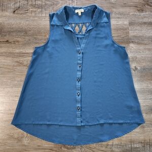 Y2K Chocolate U.S.A. Blue Sheer Button Down Sleeveless‎ Flowy Top